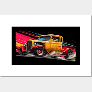 Hot Rod Truck Custom Classic Truck Retro Style Yellow and Red Vintage Hot Rod Posters and Art